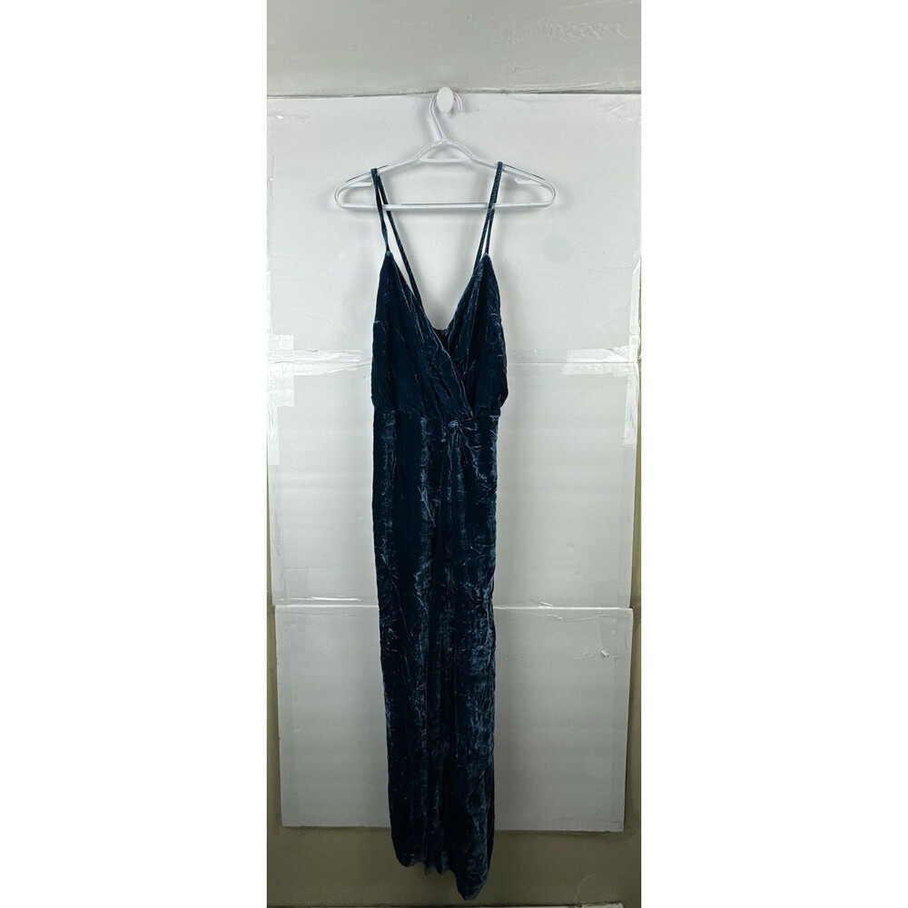 La Troupe Crushed Velvet Maxi Dress Size 2 Teal Blue Halter Front Slit